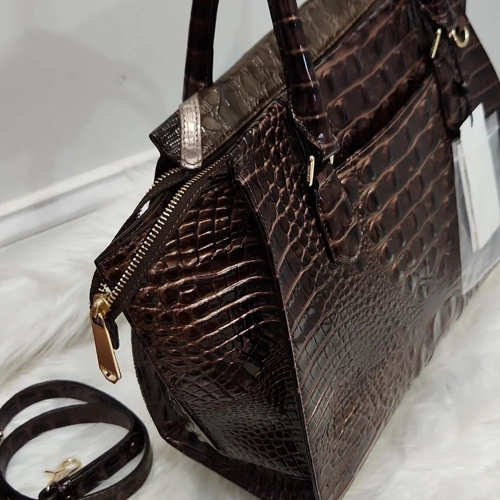 🖤▪️BRAHMIN▪️ TAUPE Tempera PRISCILLA Croc Satchel  Python Patchwork + Wallet